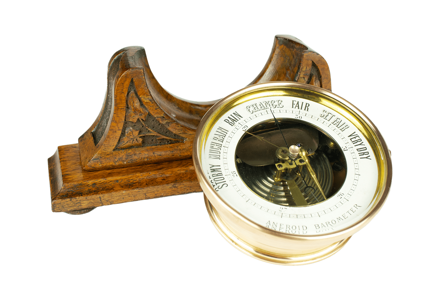Brass-cased barometer on a burr oak stand