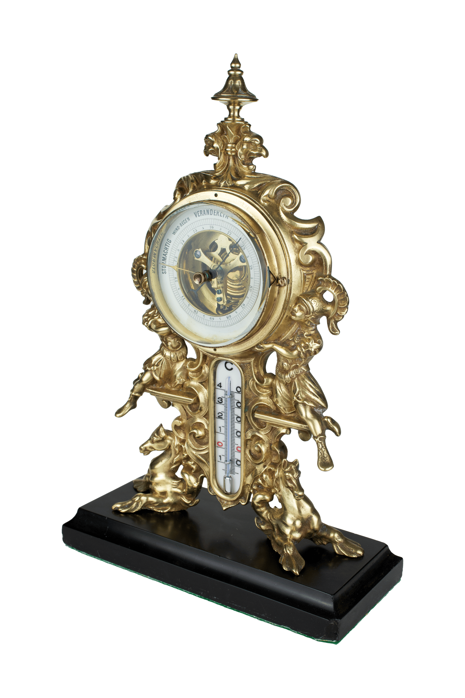 Brass baroque-ornamented desk barometer