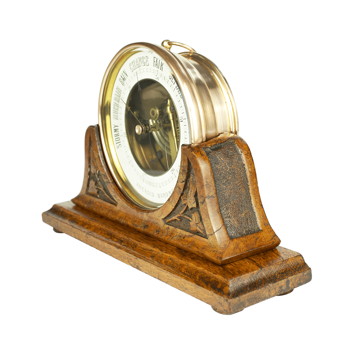 Brass-cased barometer on a burr oak stand