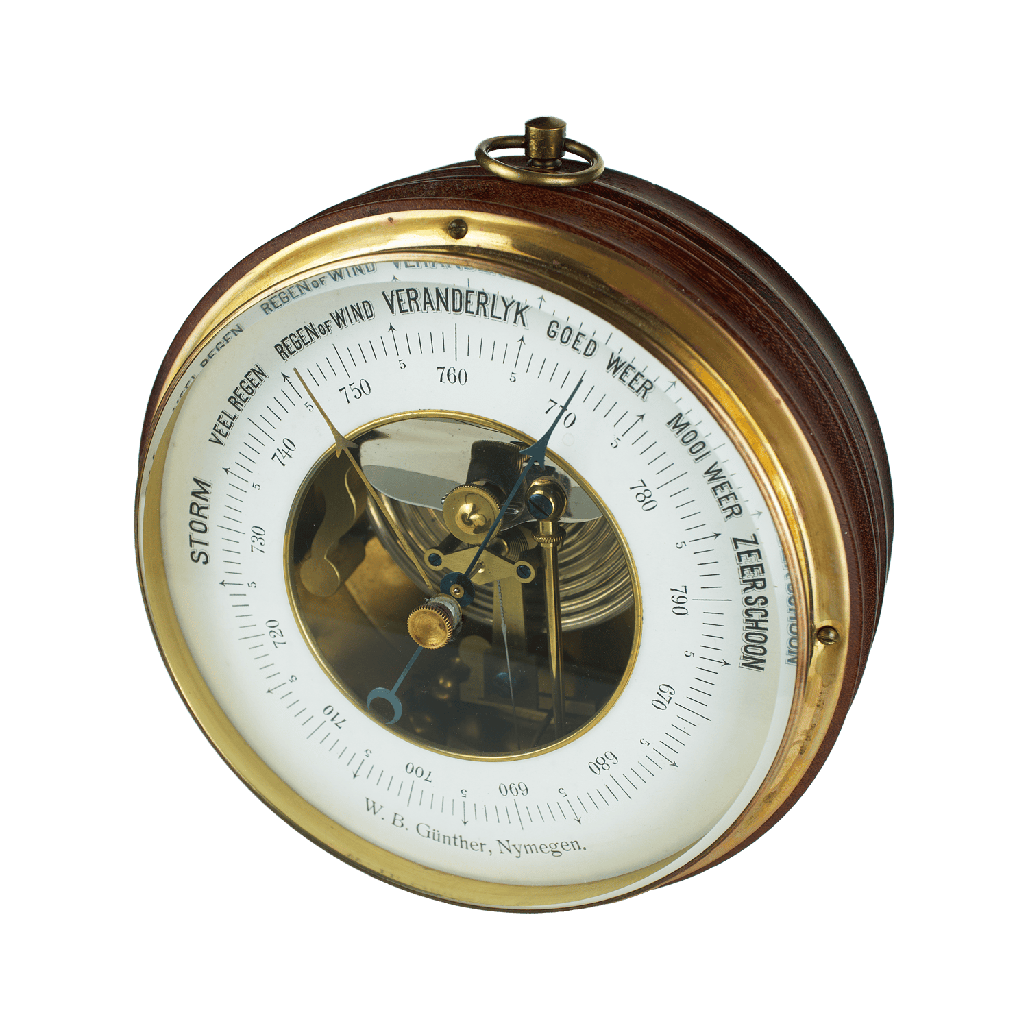 Drum-shaped mahogany barometer