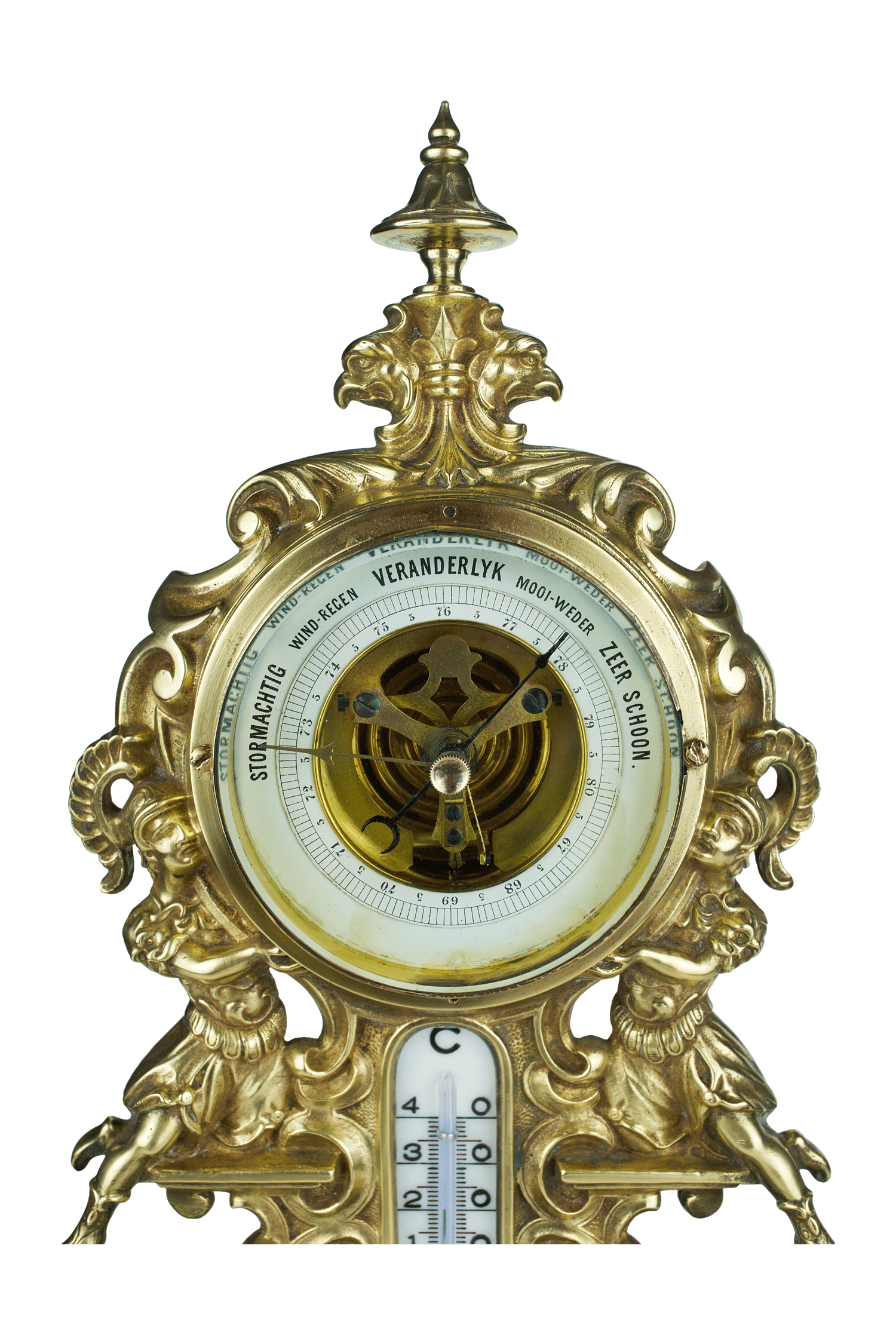 Brass baroque-ornamented desk barometer