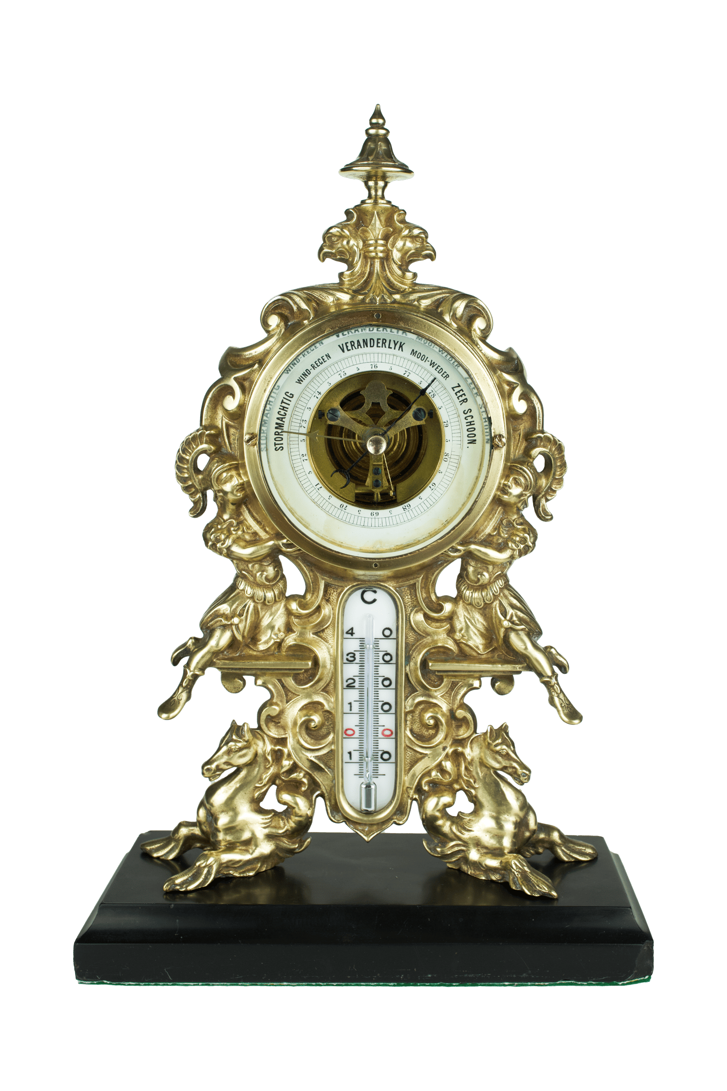 Brass baroque-ornamented desk barometer