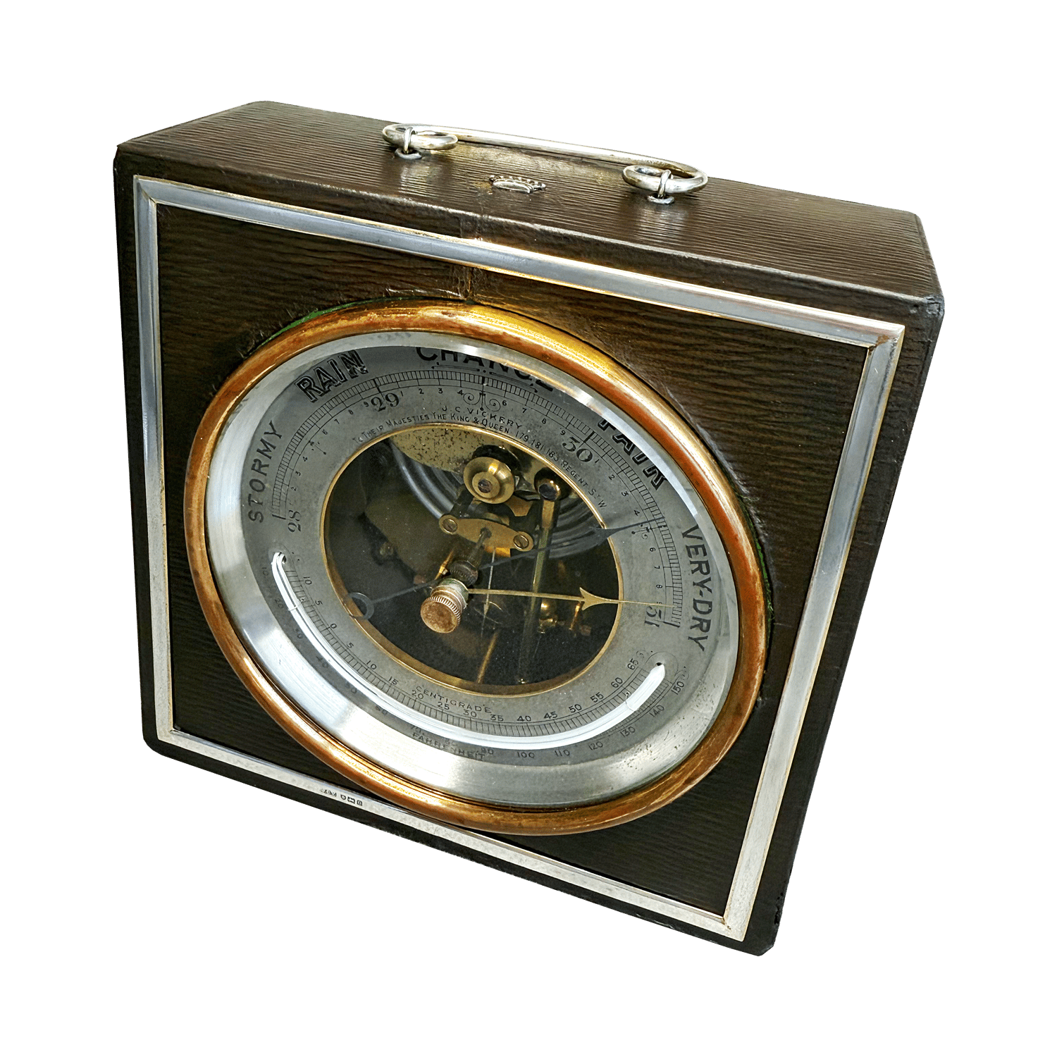 Royal desk barometer in a silver-mounted leather case