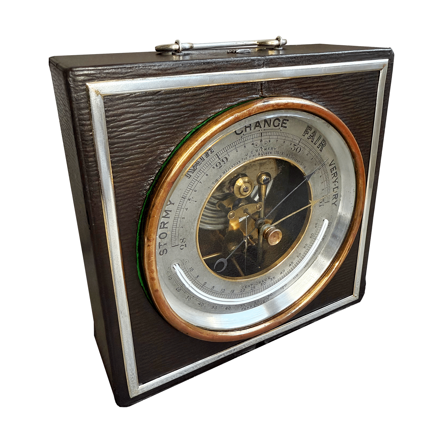 Royal desk barometer in a silver-mounted leather case