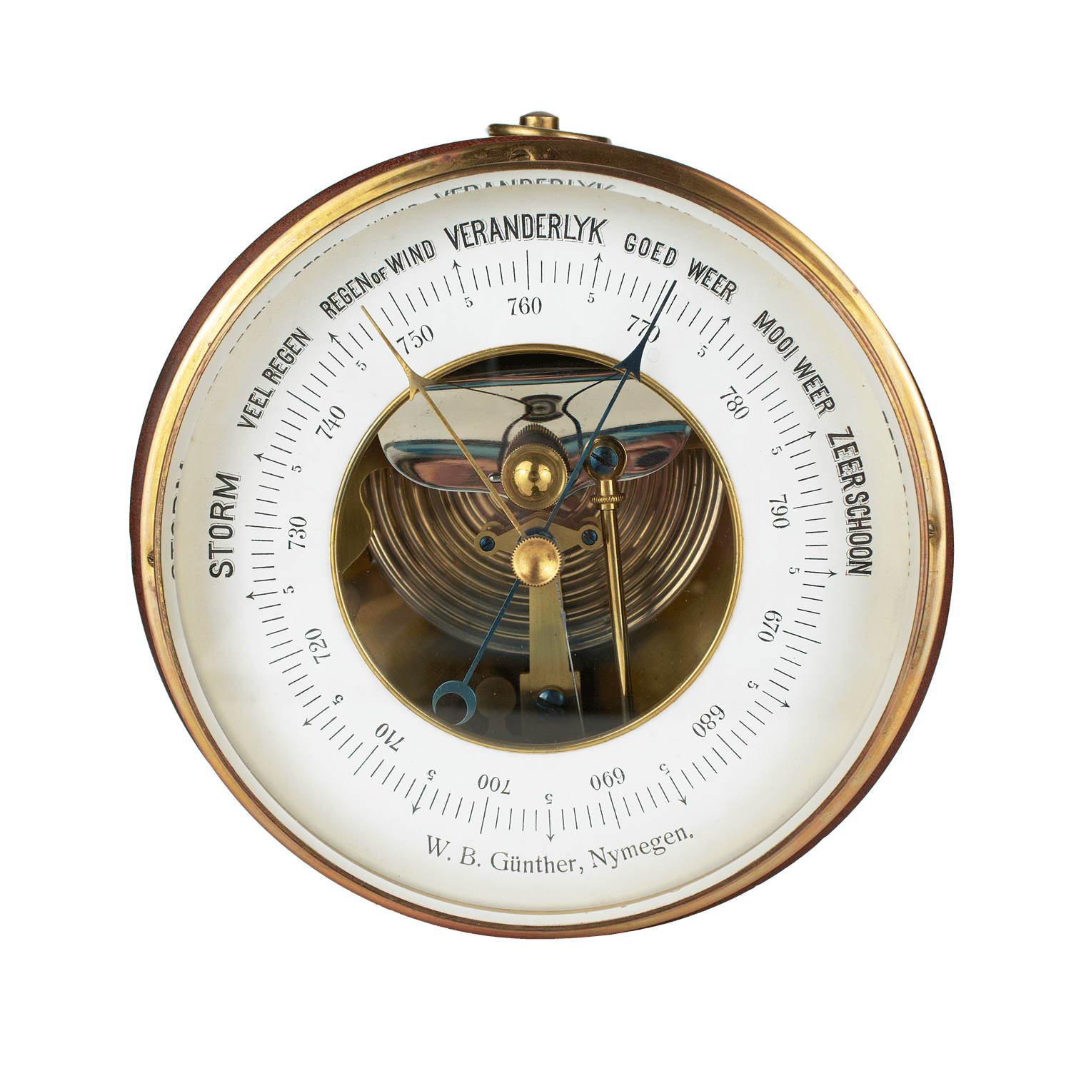 Drum-shaped mahogany barometer