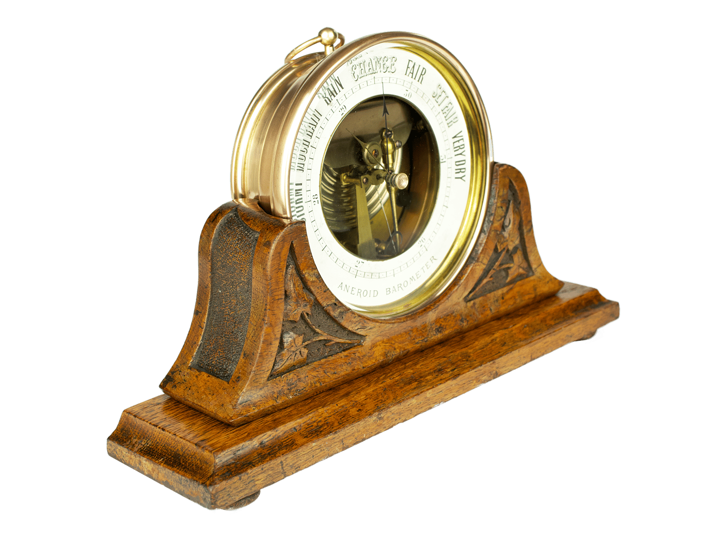 Brass-cased barometer on a burr oak stand