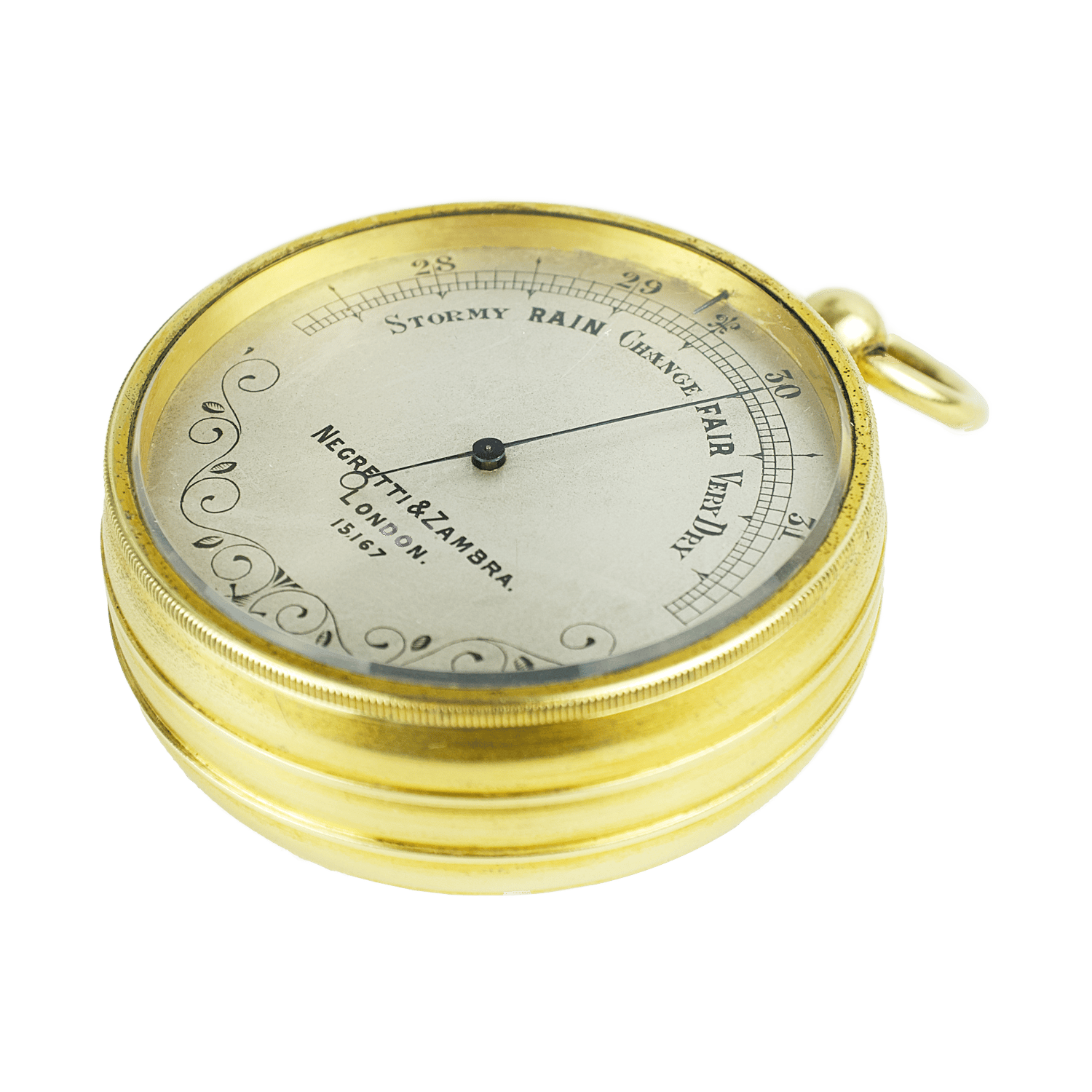 Watch-size aneroid barometer with an ornamented dial
