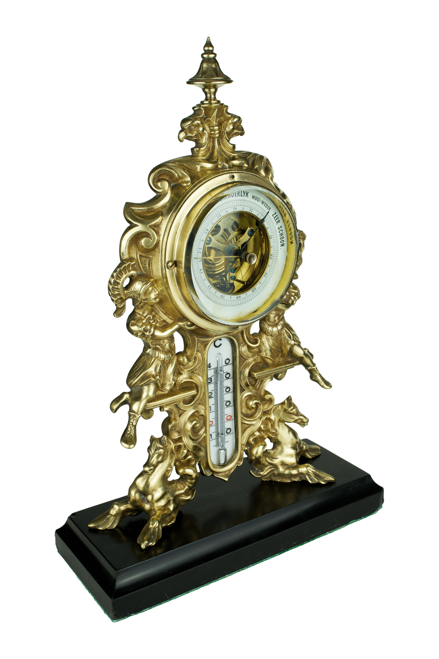 Brass baroque-ornamented desk barometer