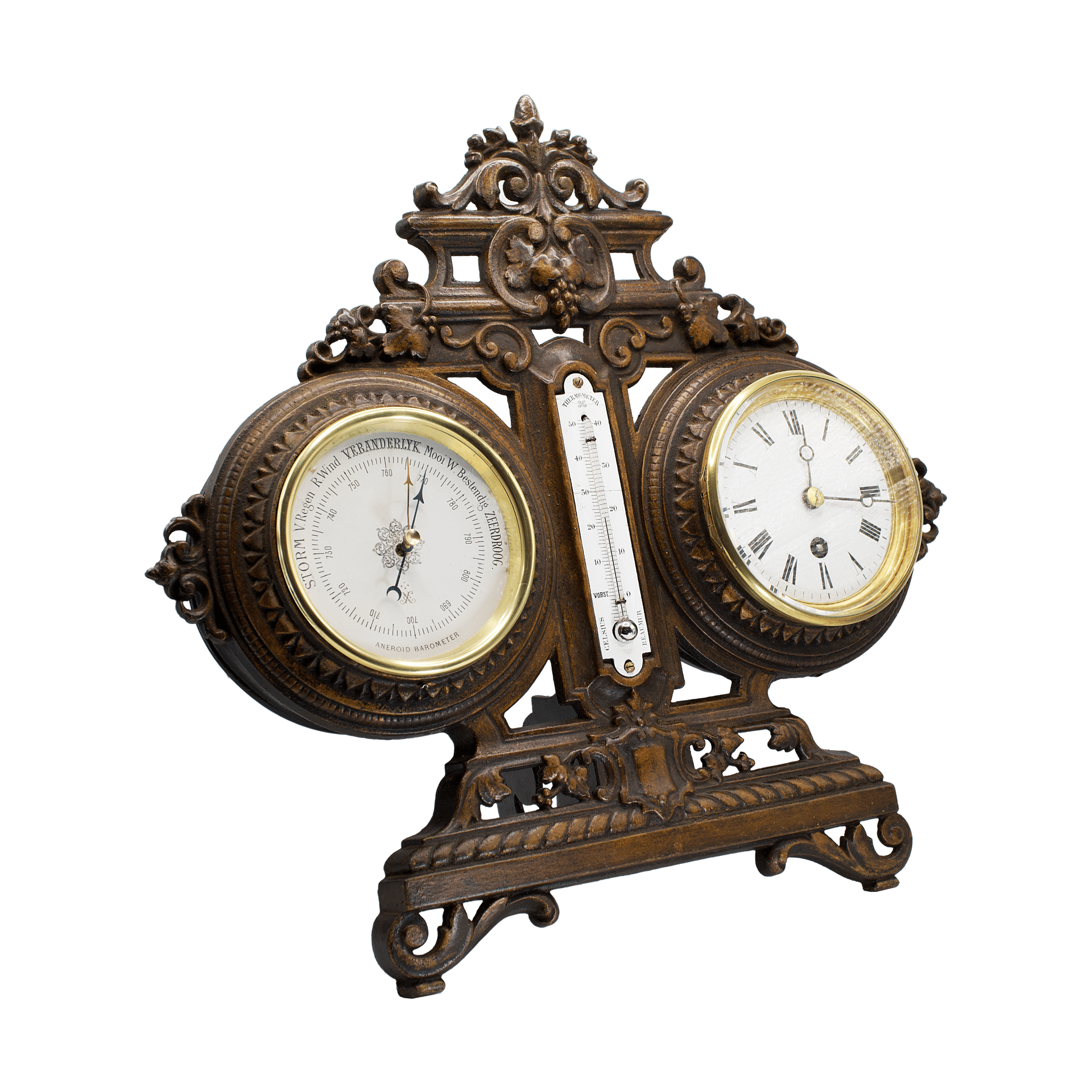 Mantel clock with barometer and thermometer