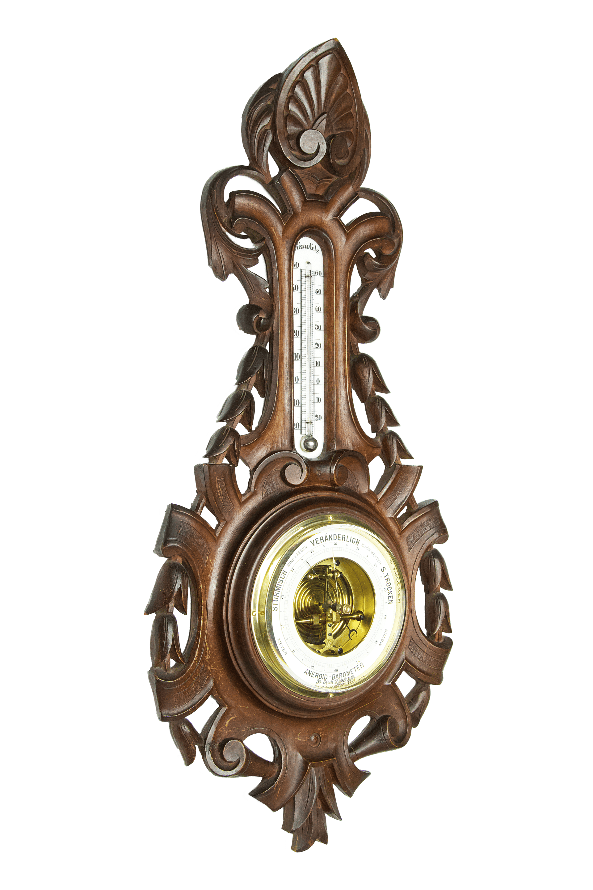 Carved Walnut-Cased Aneroid Barometer