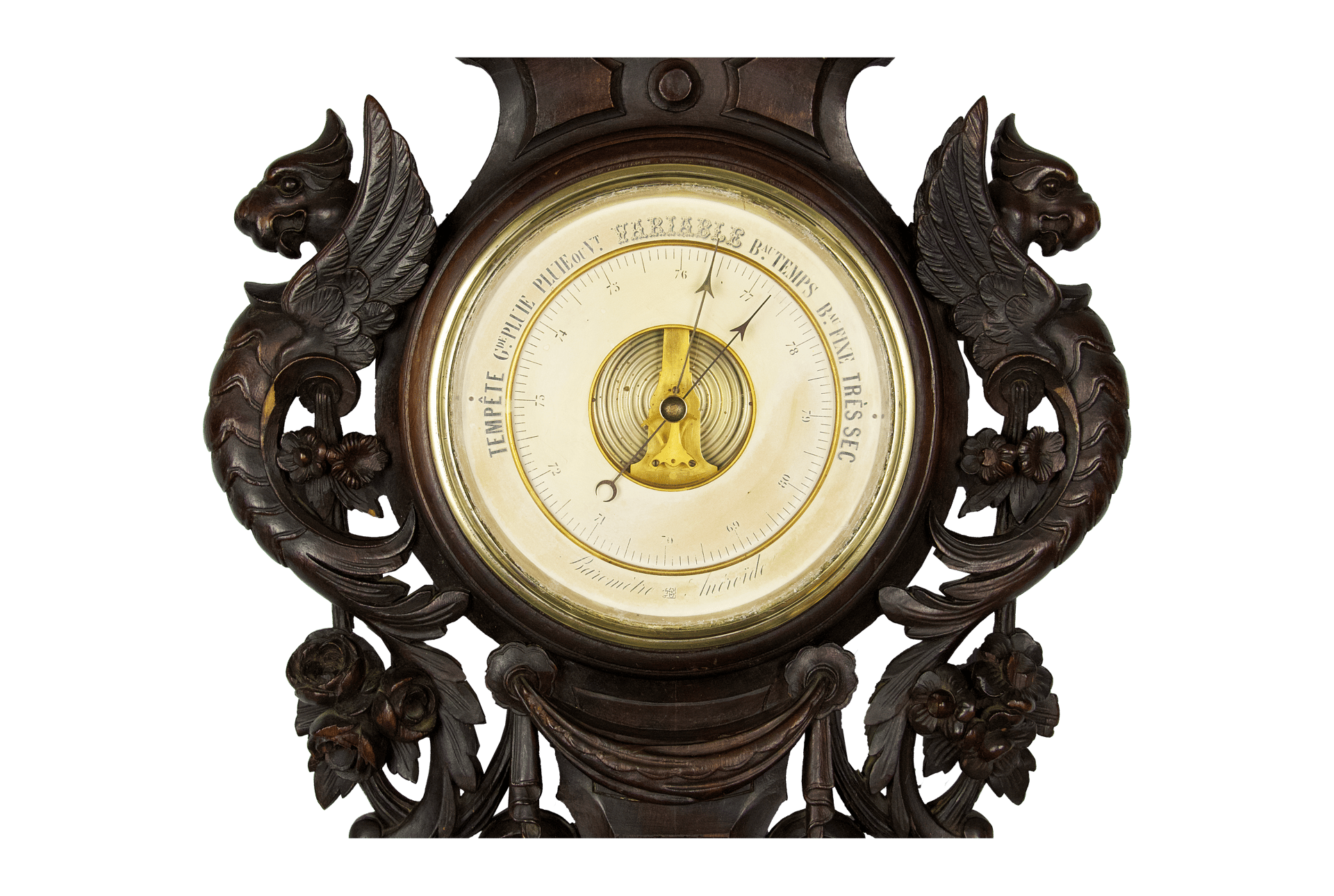 Carved oak case with griffins barometer