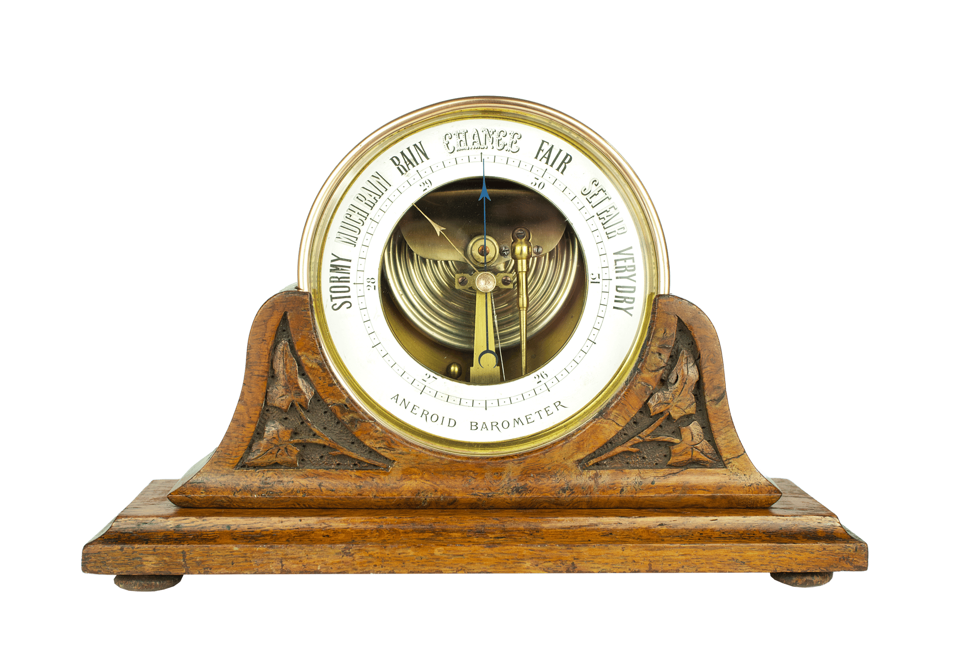 Brass-cased barometer on a burr oak stand