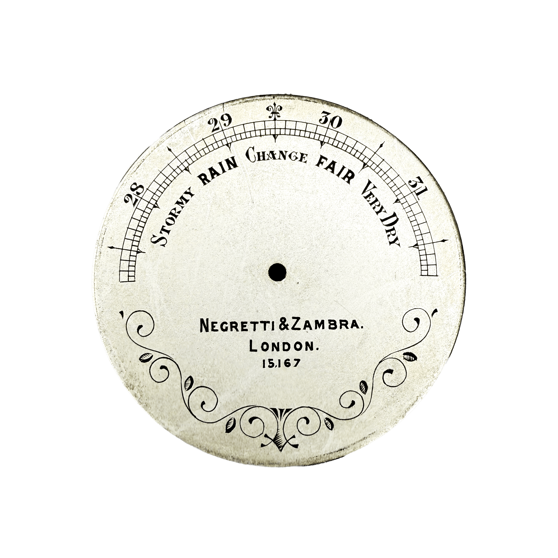 Watch-size aneroid barometer with an ornamented dial