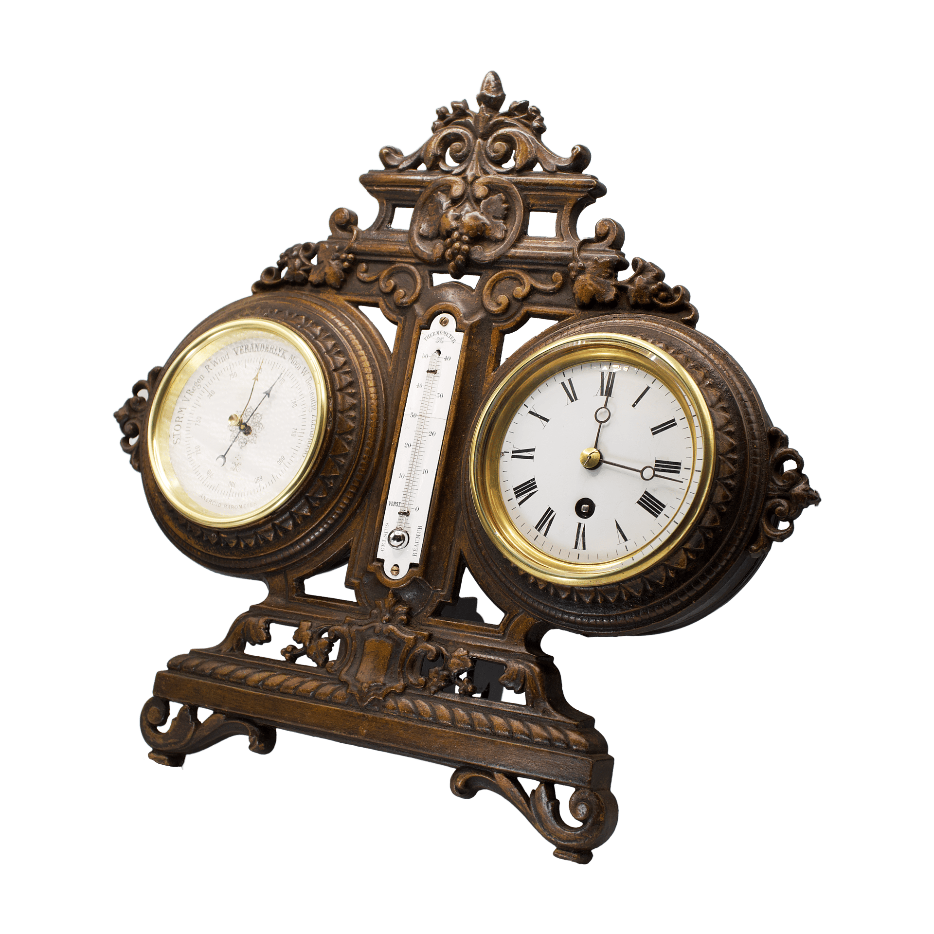 Mantel clock with barometer and thermometer