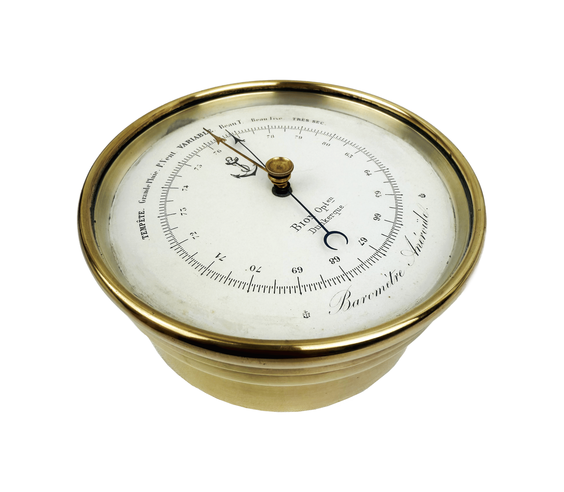 Early aneroid barometer on a wooden stand