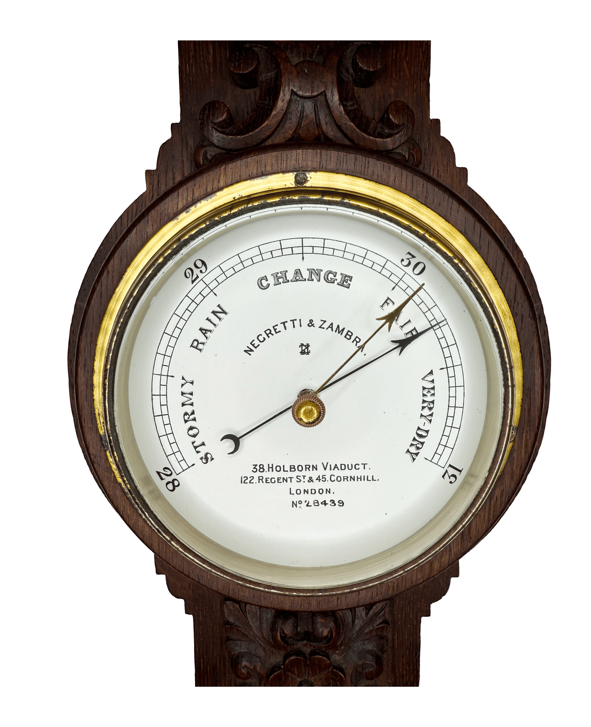 Carved oak English wall-mounted barometer