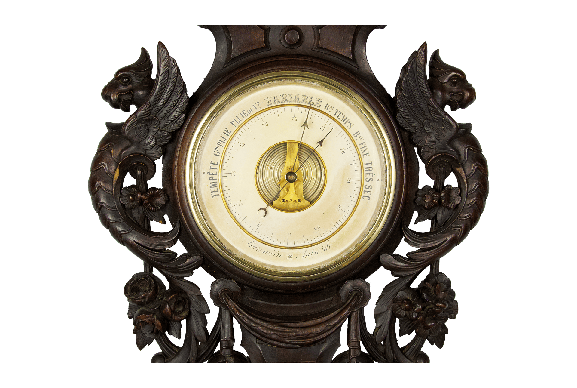 Carved oak case with griffins barometer