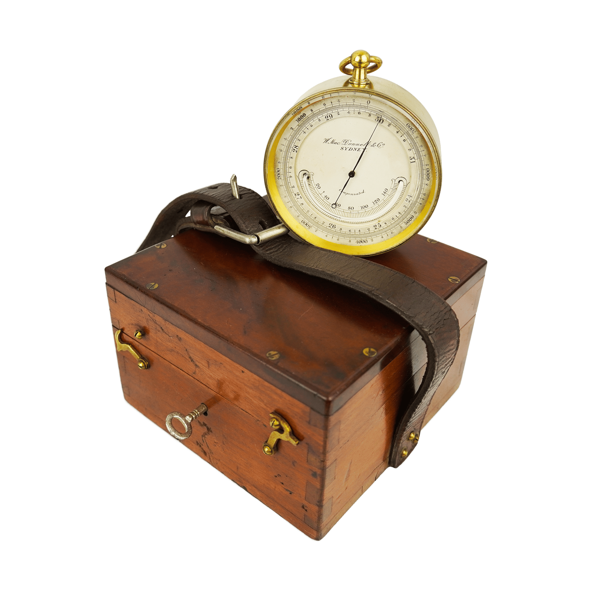 Brass-cased barometer in a mahogany casket with a strap