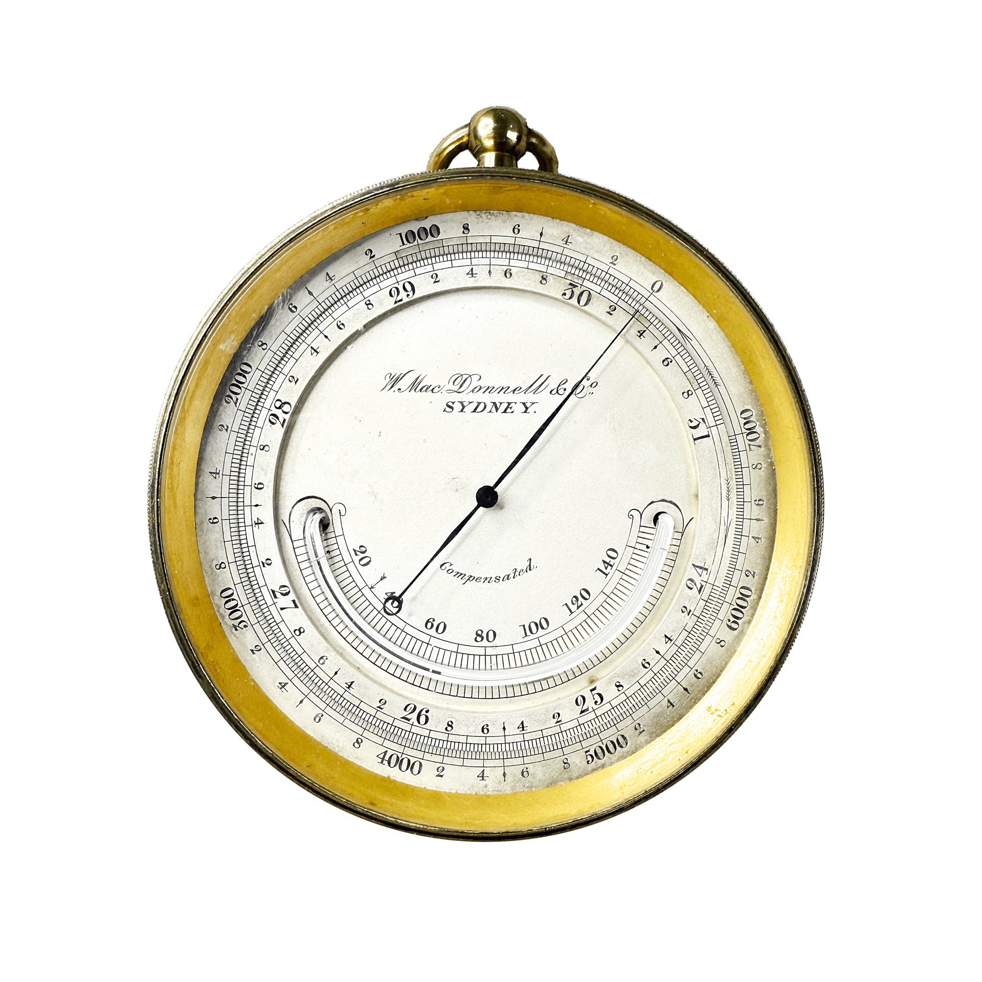 Brass-cased barometer in a mahogany casket with a strap