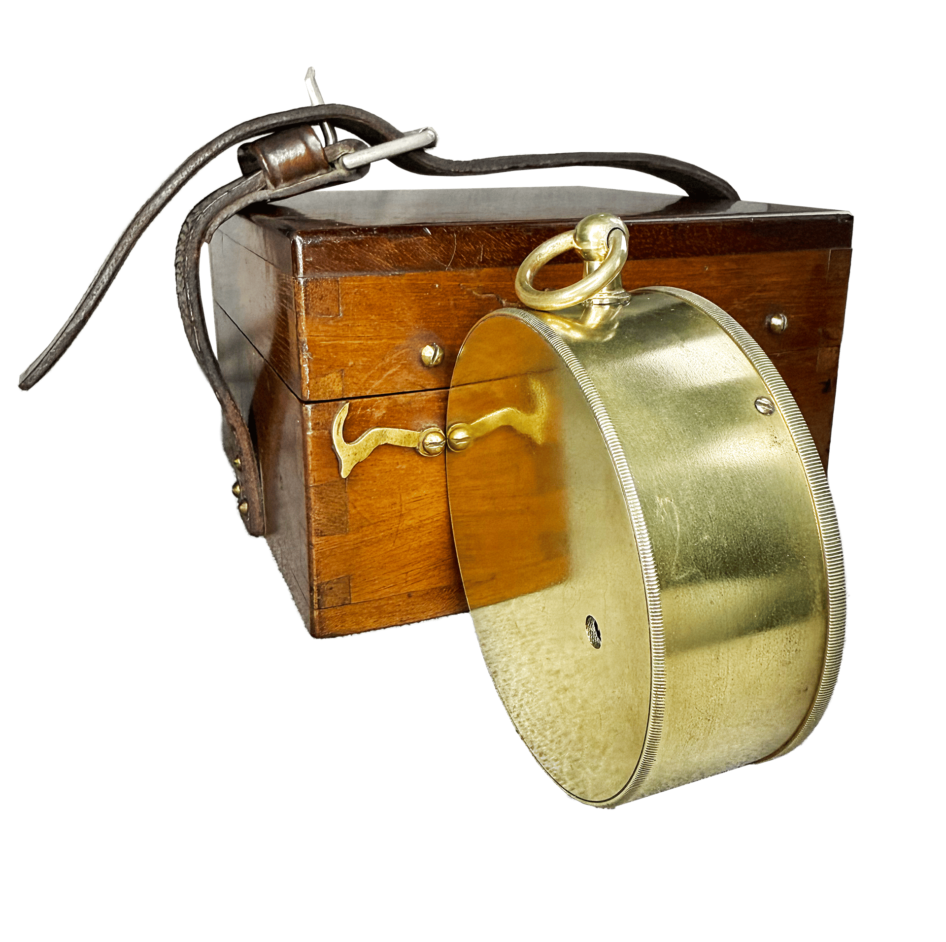 Brass-cased barometer in a mahogany casket with a strap