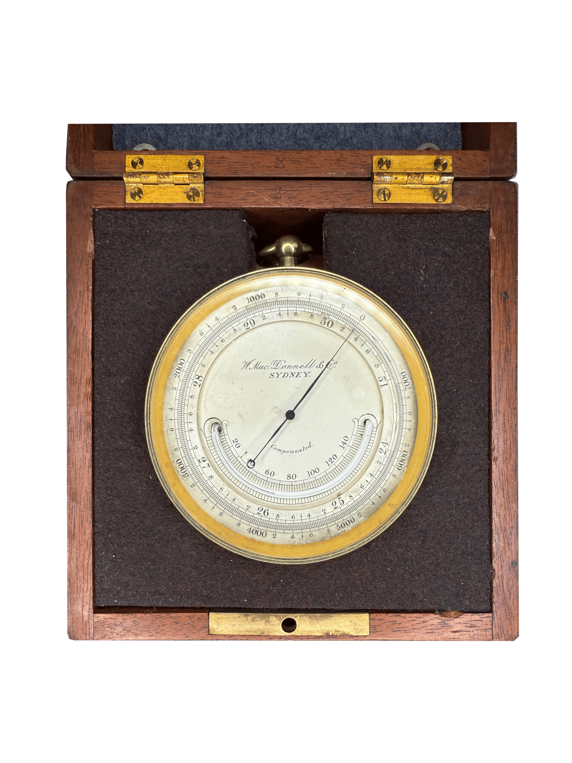 Brass-cased barometer in a mahogany casket with a strap