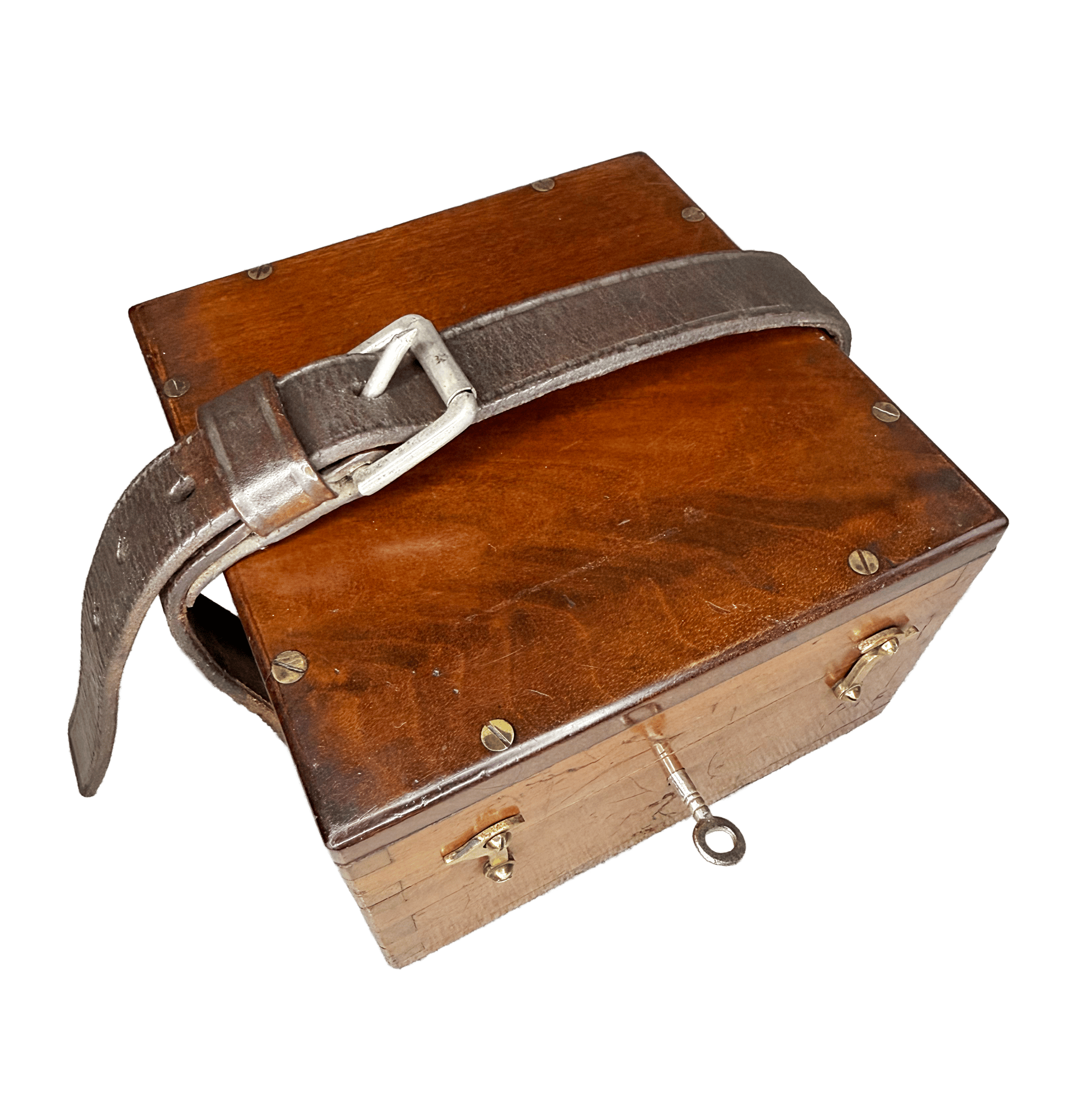 Brass-cased barometer in a mahogany casket with a strap