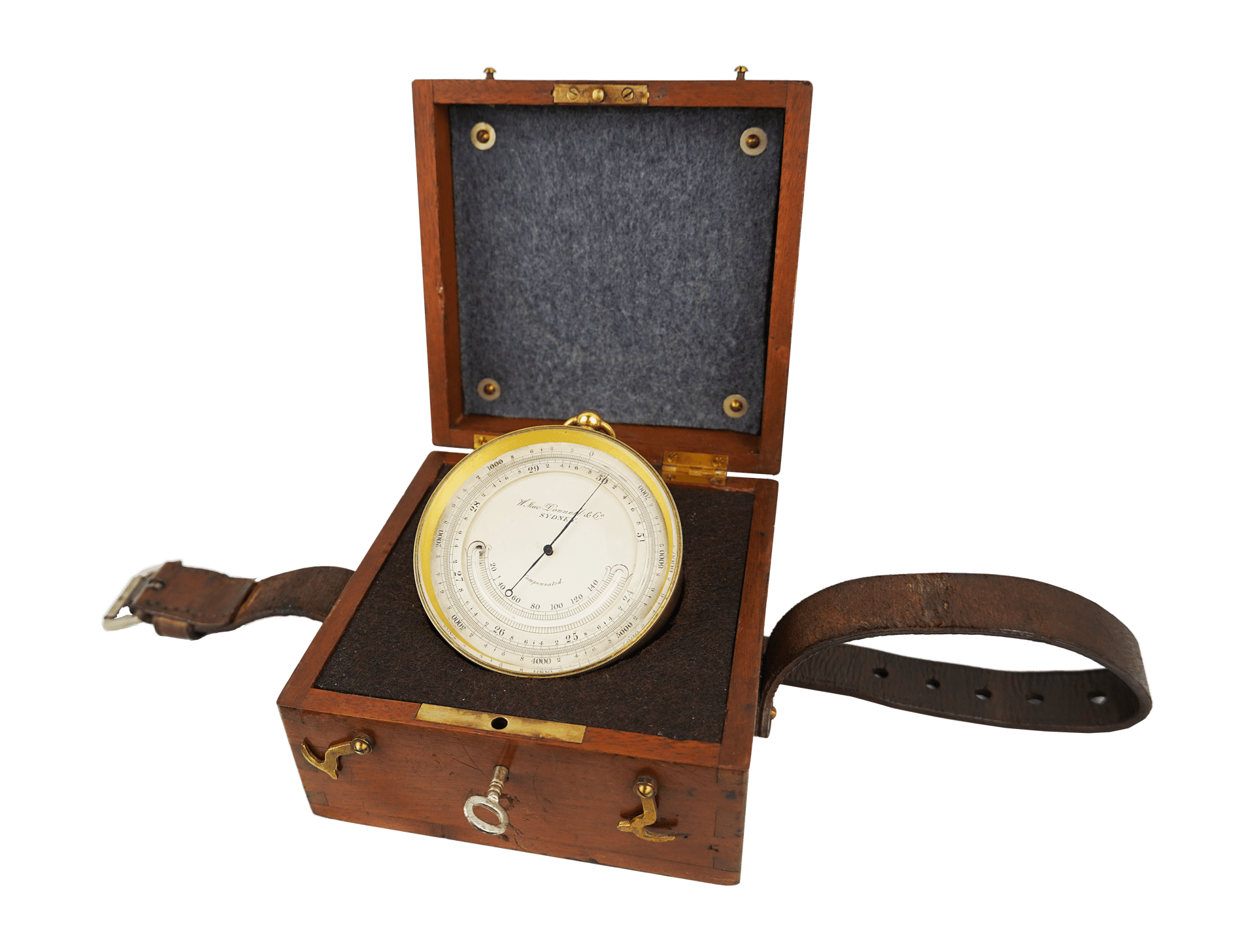 Brass-cased barometer in a mahogany casket with a strap
