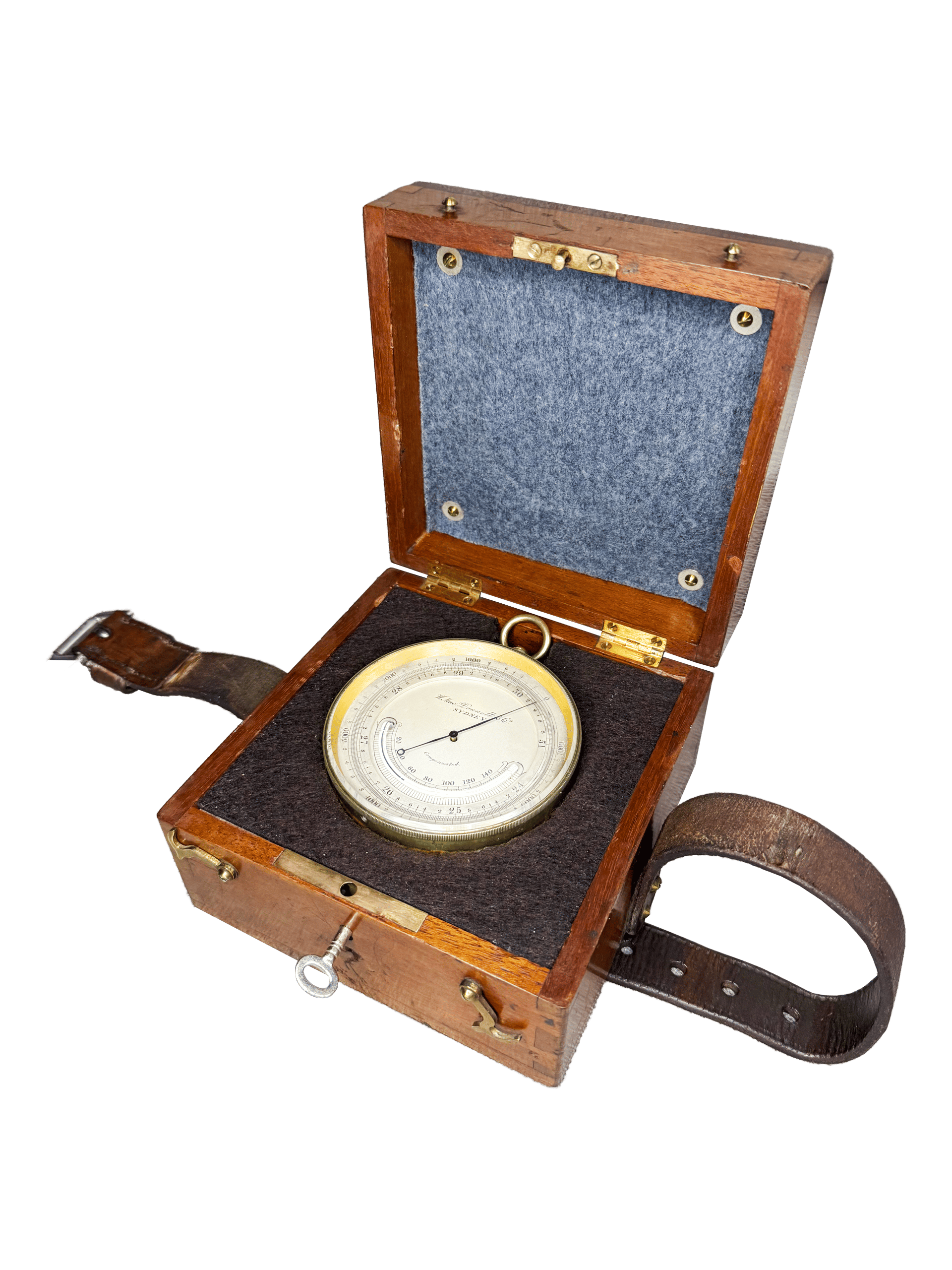 Brass-cased barometer in a mahogany casket with a strap