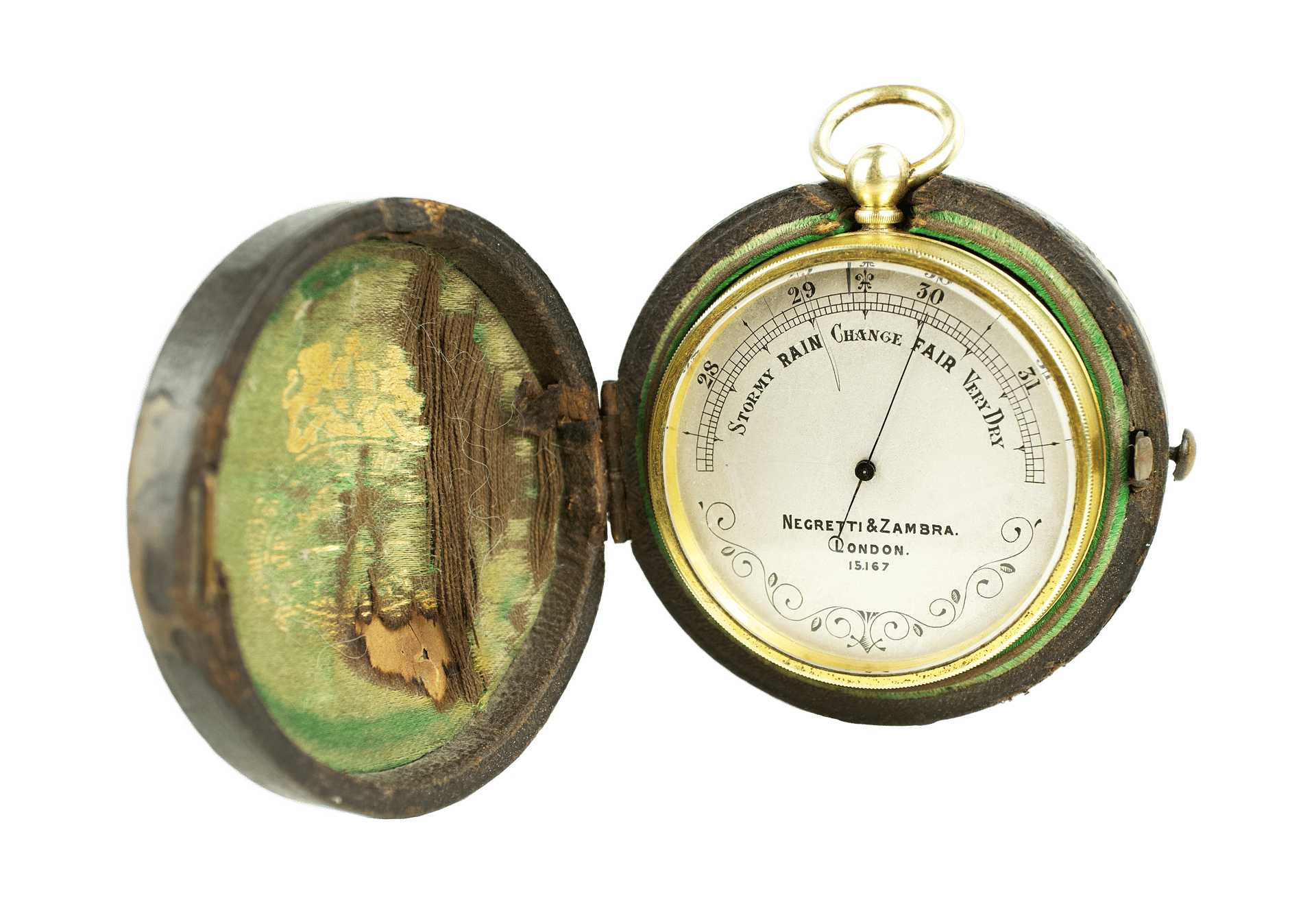 Watch-size aneroid barometer with an ornamented dial
