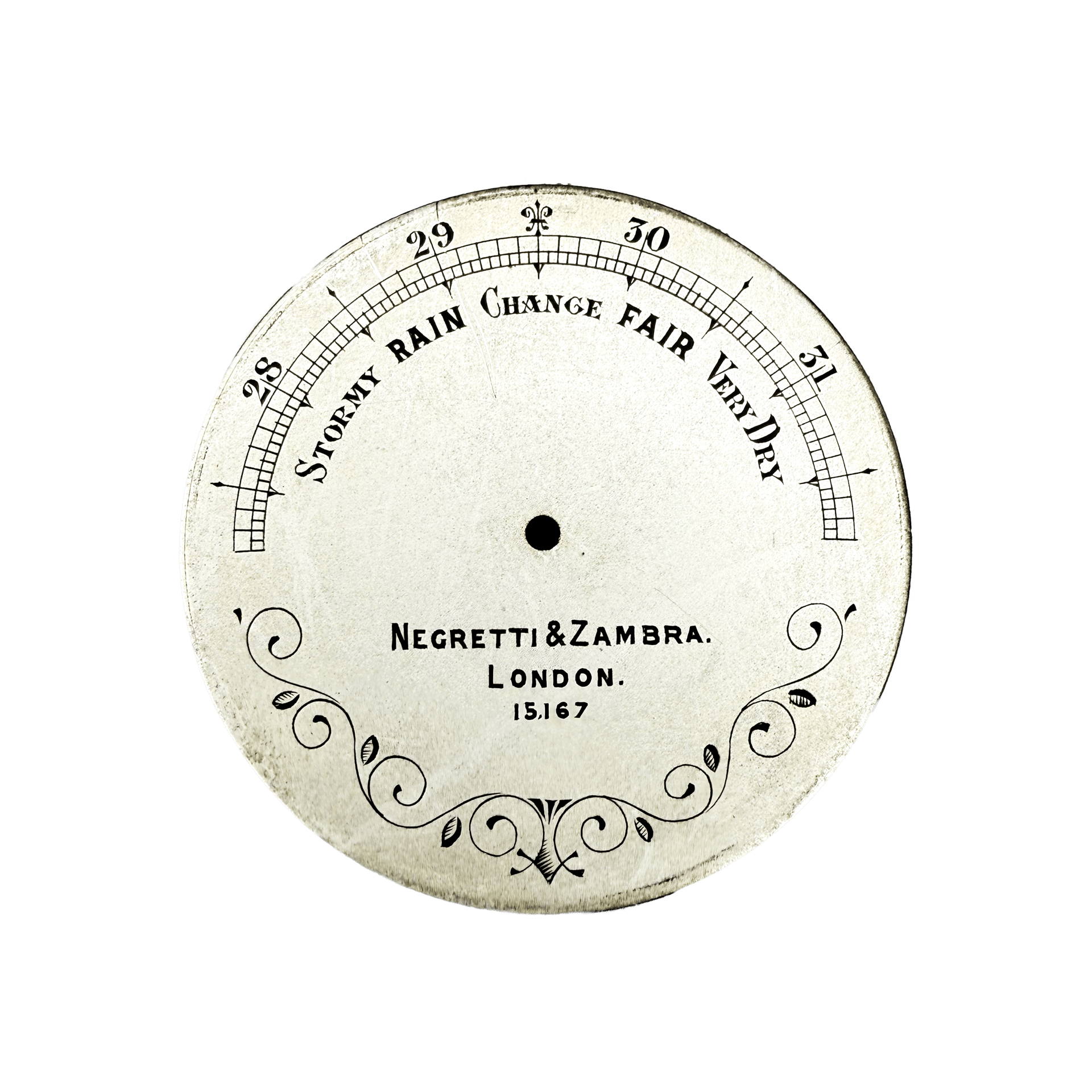Watch-size aneroid barometer with an ornamented dial