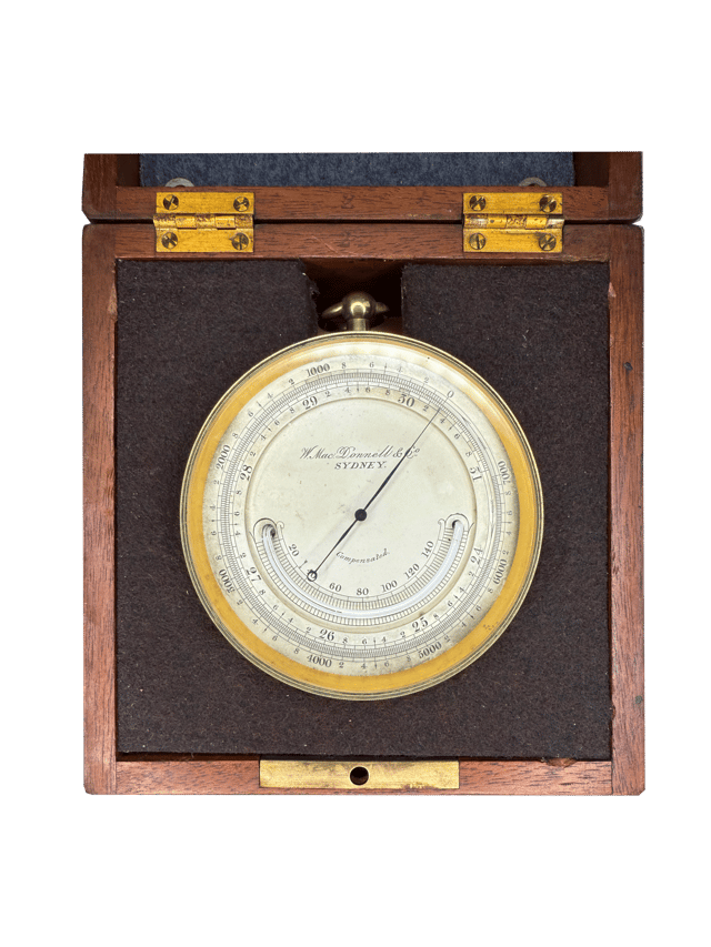 Brass-cased barometer in a mahogany casket with a strap thumbnail 3