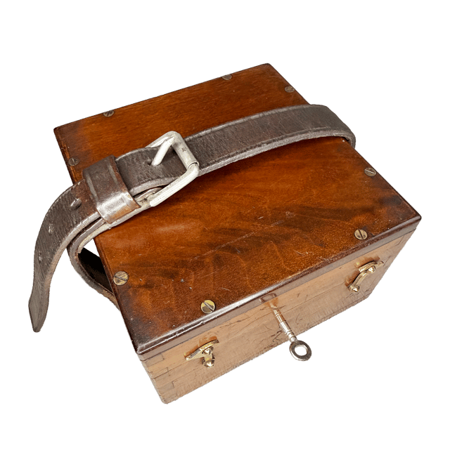 Brass-cased barometer in a mahogany casket with a strap thumbnail 4