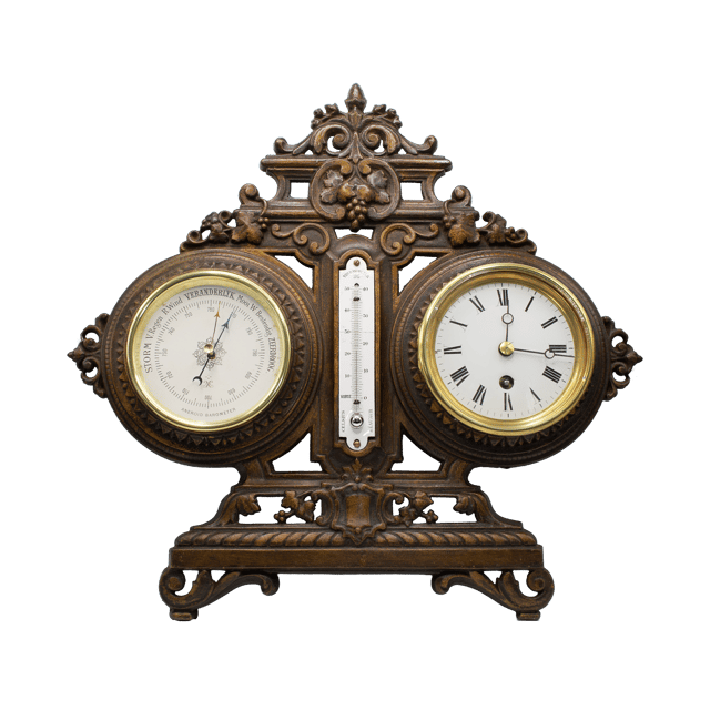 Mantel clock with barometer and thermometer