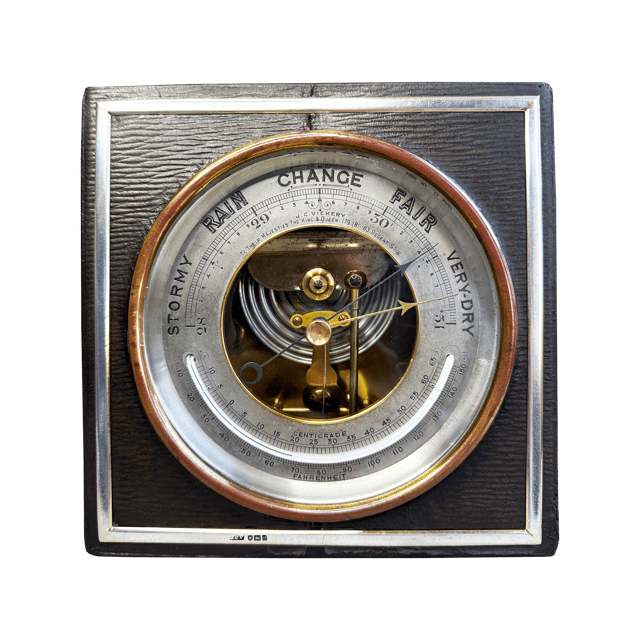 Royal desk barometer in a silver-mounted leather case