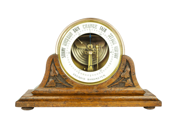 Brass-cased barometer on a burr oak stand